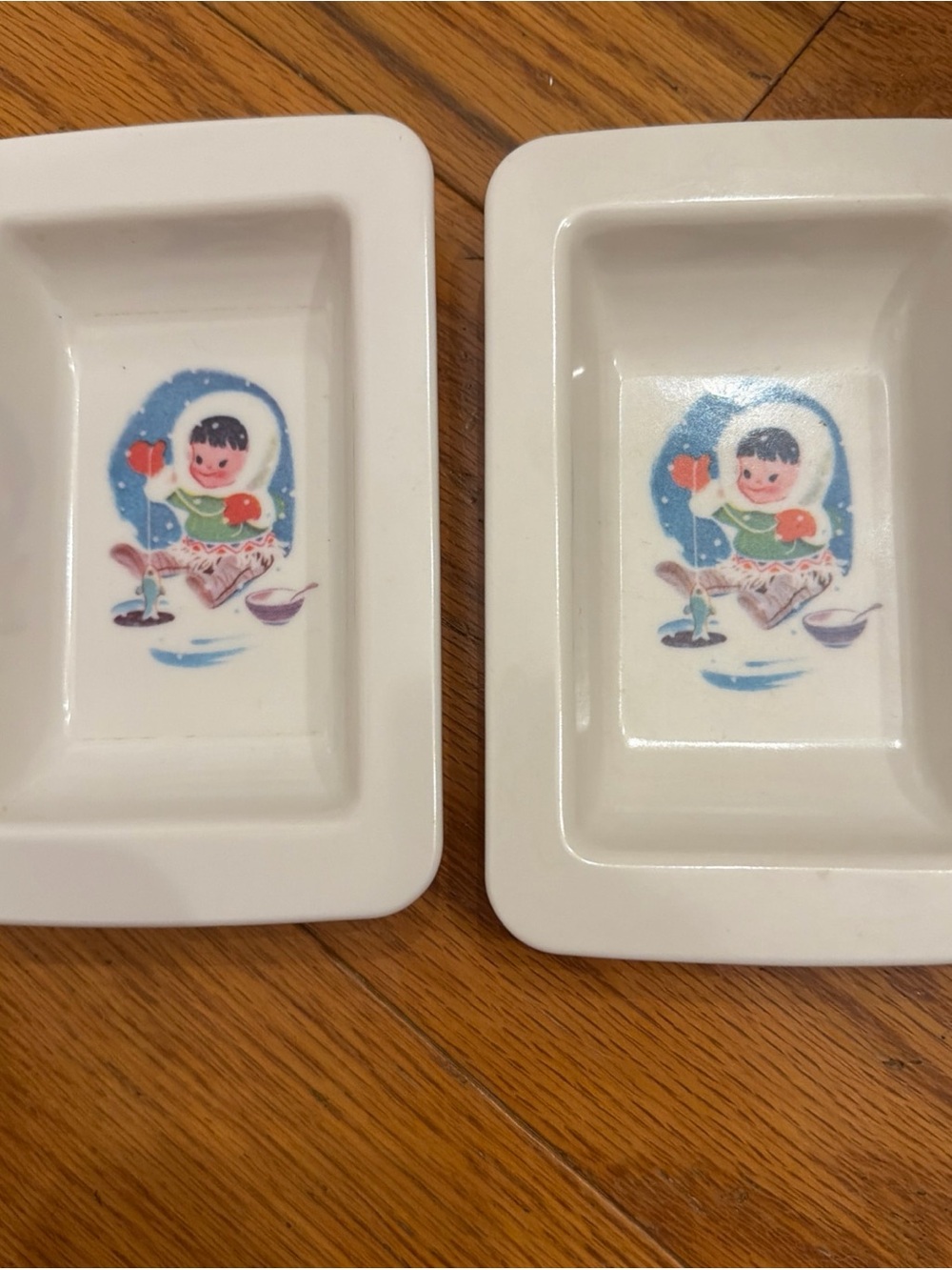 Lot of 2 Vintage Ceramic Dipping Dishes Cute Child Illustration heat n serve